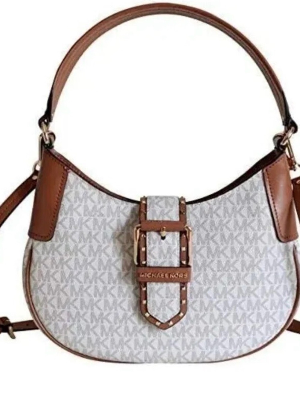 Michael Kors Cream & Brown Signature Buckle Hobo Shoulder Bag